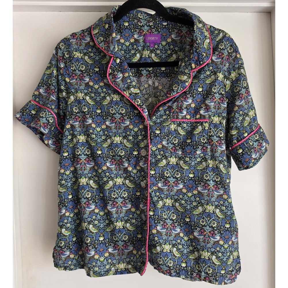 Liberty Women's Blouse M Floral Blue Cotton Short Sleeve Gorgeous Fabric